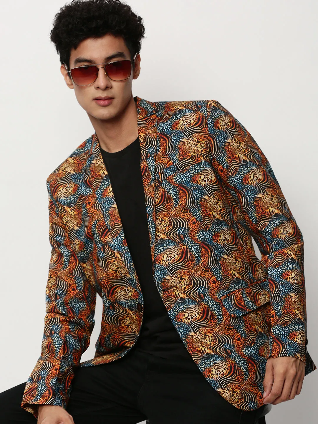 Men Orange Printed Casual Blazers