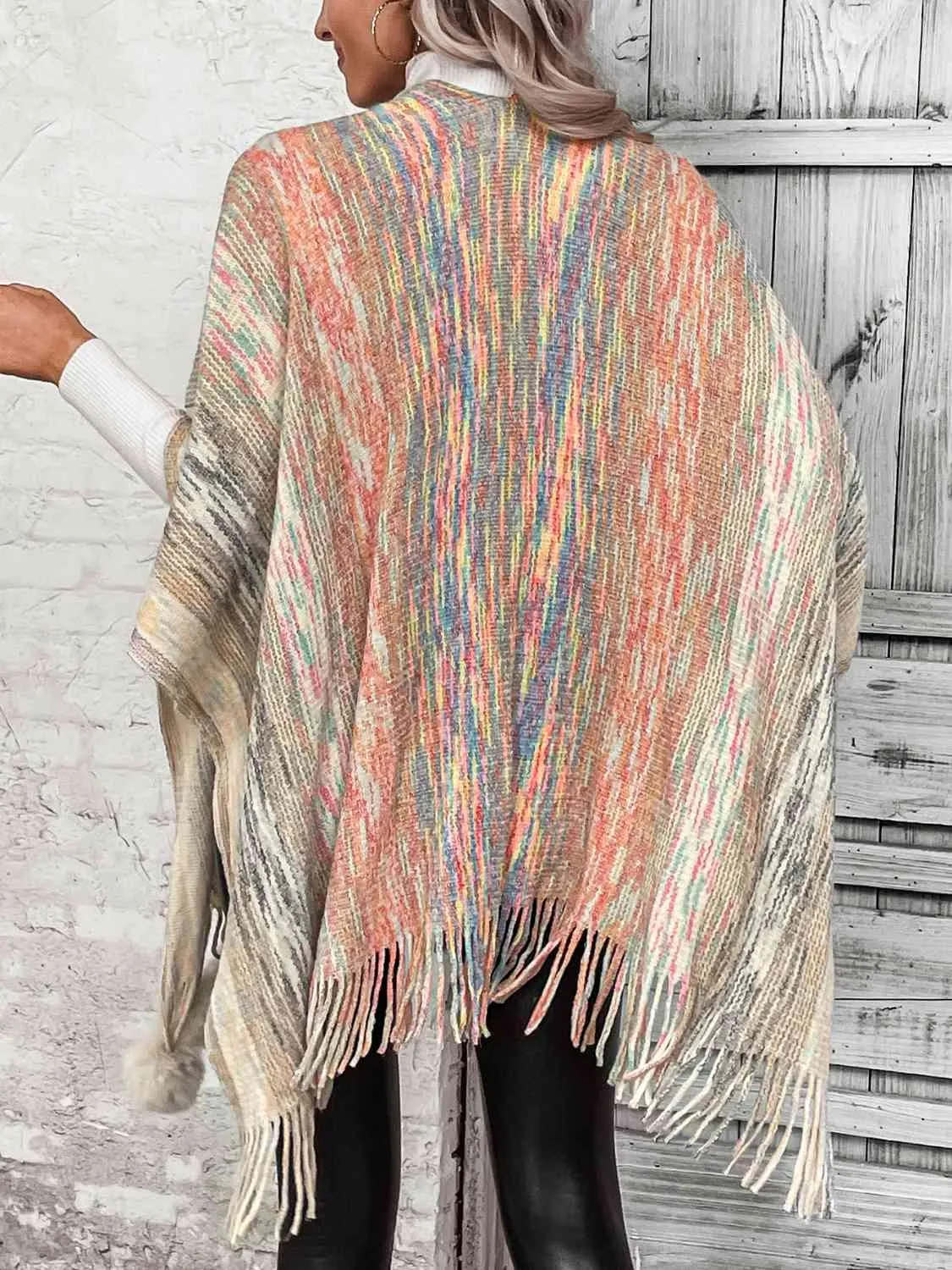 Open Front Poncho with Pom Poms