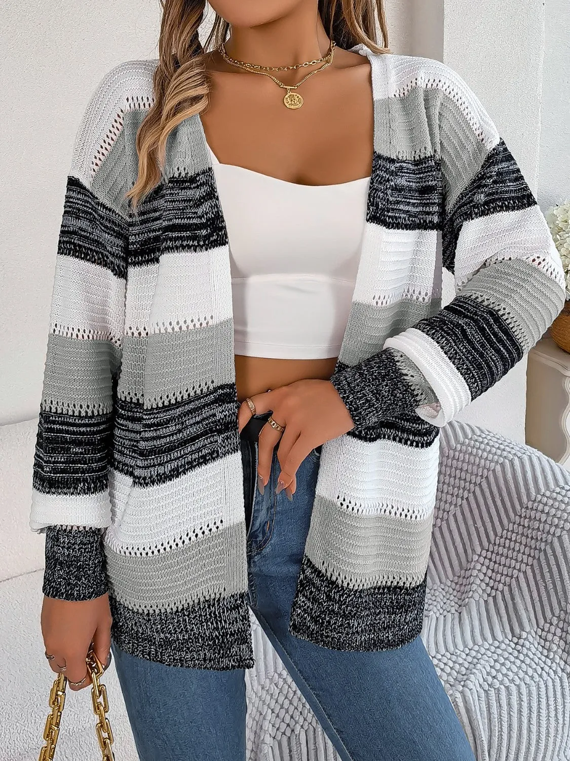 Openwork Striped Open Front Cardigan