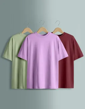 Pack of 3 Oversized Tees: Maroon & Foggreen & Lilac