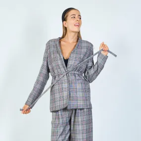 Plaid blazer with tie belt wholesale