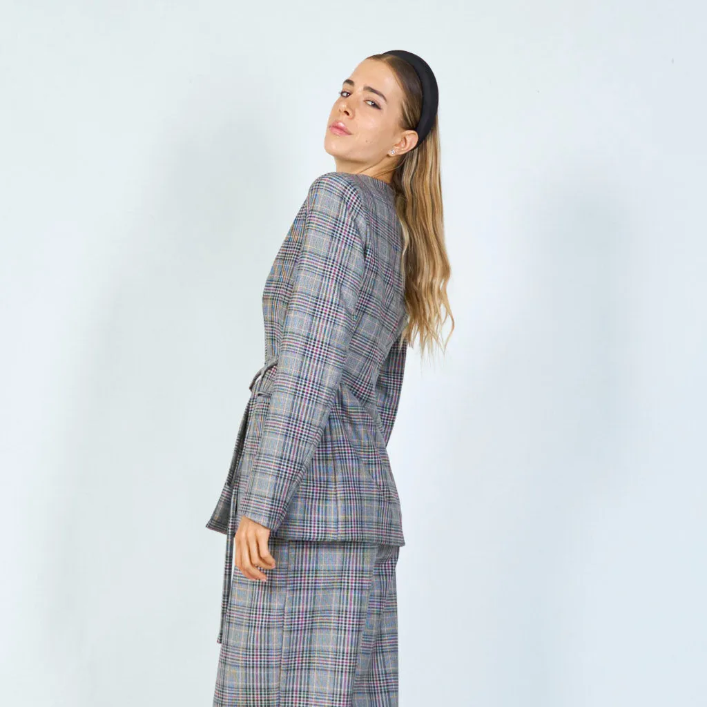 Plaid blazer with tie belt wholesale