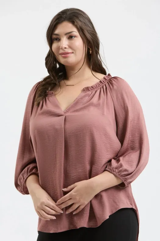 Plus Split Neck 3/4 Balloon Sleeve Blouse MAUVE