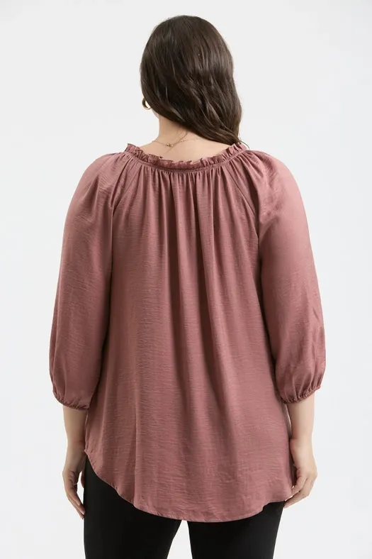 Plus Split Neck 3/4 Balloon Sleeve Blouse MAUVE