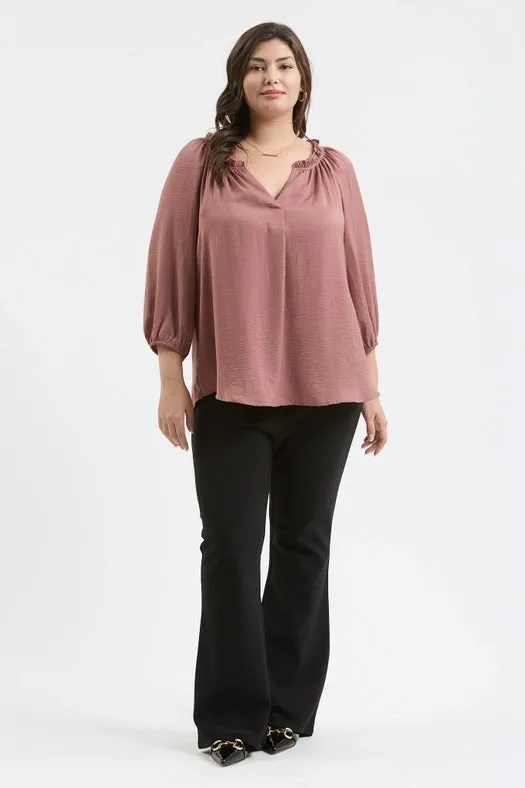 Plus Split Neck 3/4 Balloon Sleeve Blouse MAUVE