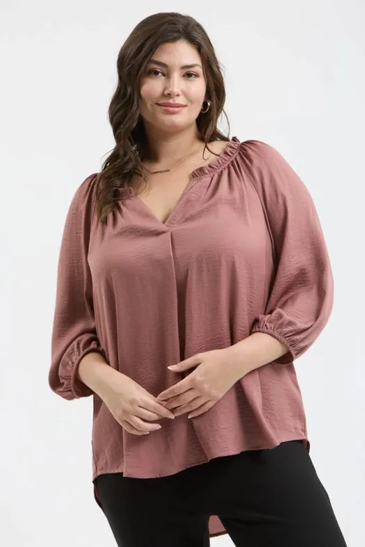 Plus Split Neck 3/4 Balloon Sleeve Blouse MAUVE