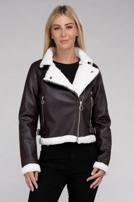 Plush Teddy Trimmed PU Jacket