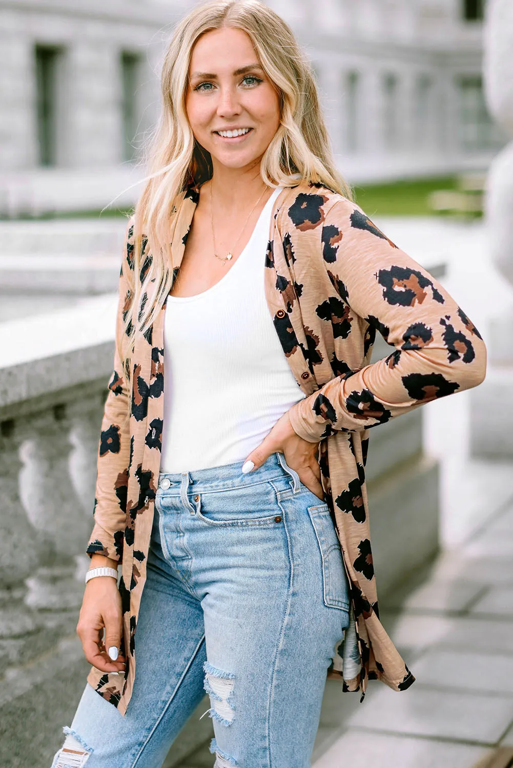 Printed Open Front Leopard Cardigan