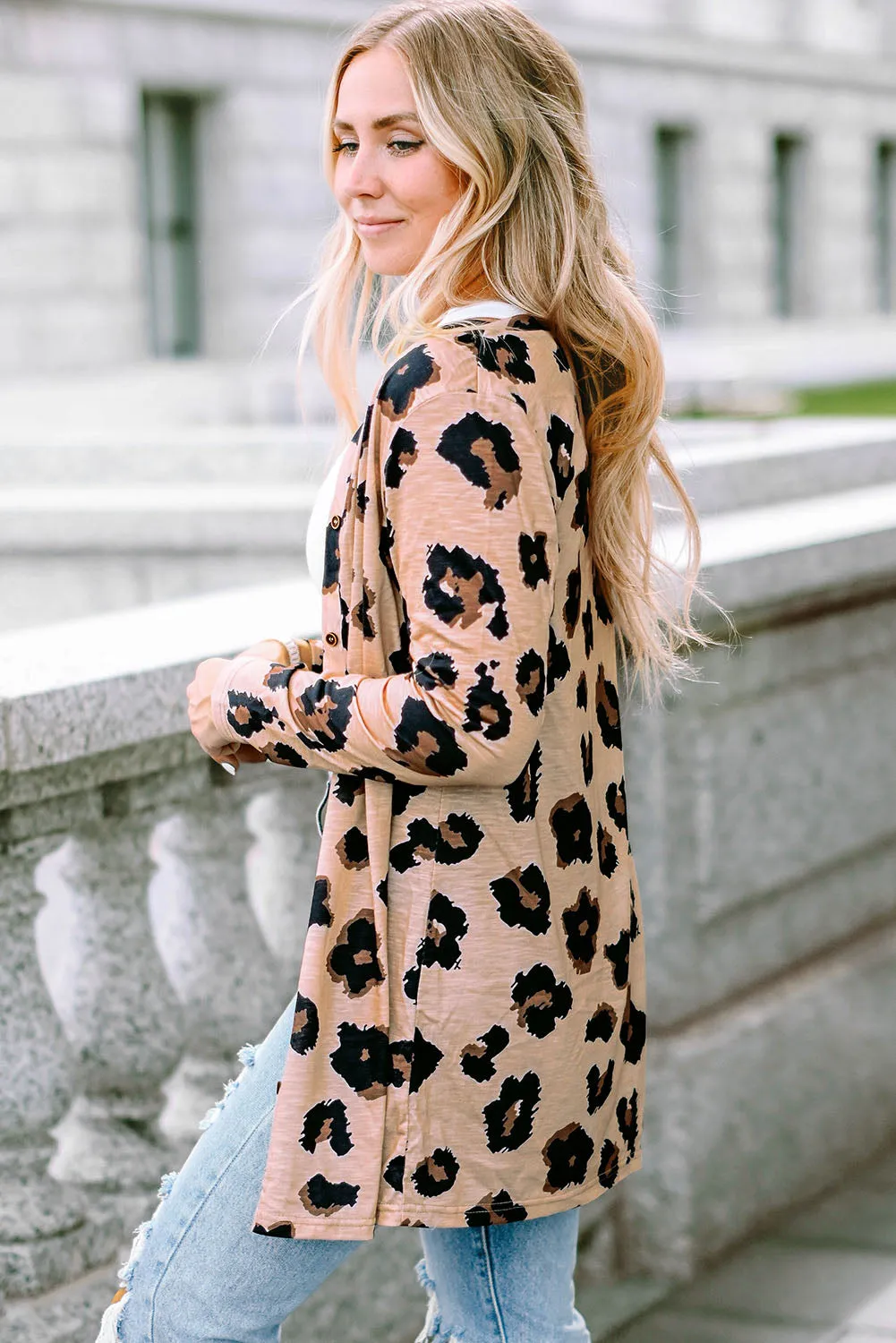 Printed Open Front Leopard Cardigan