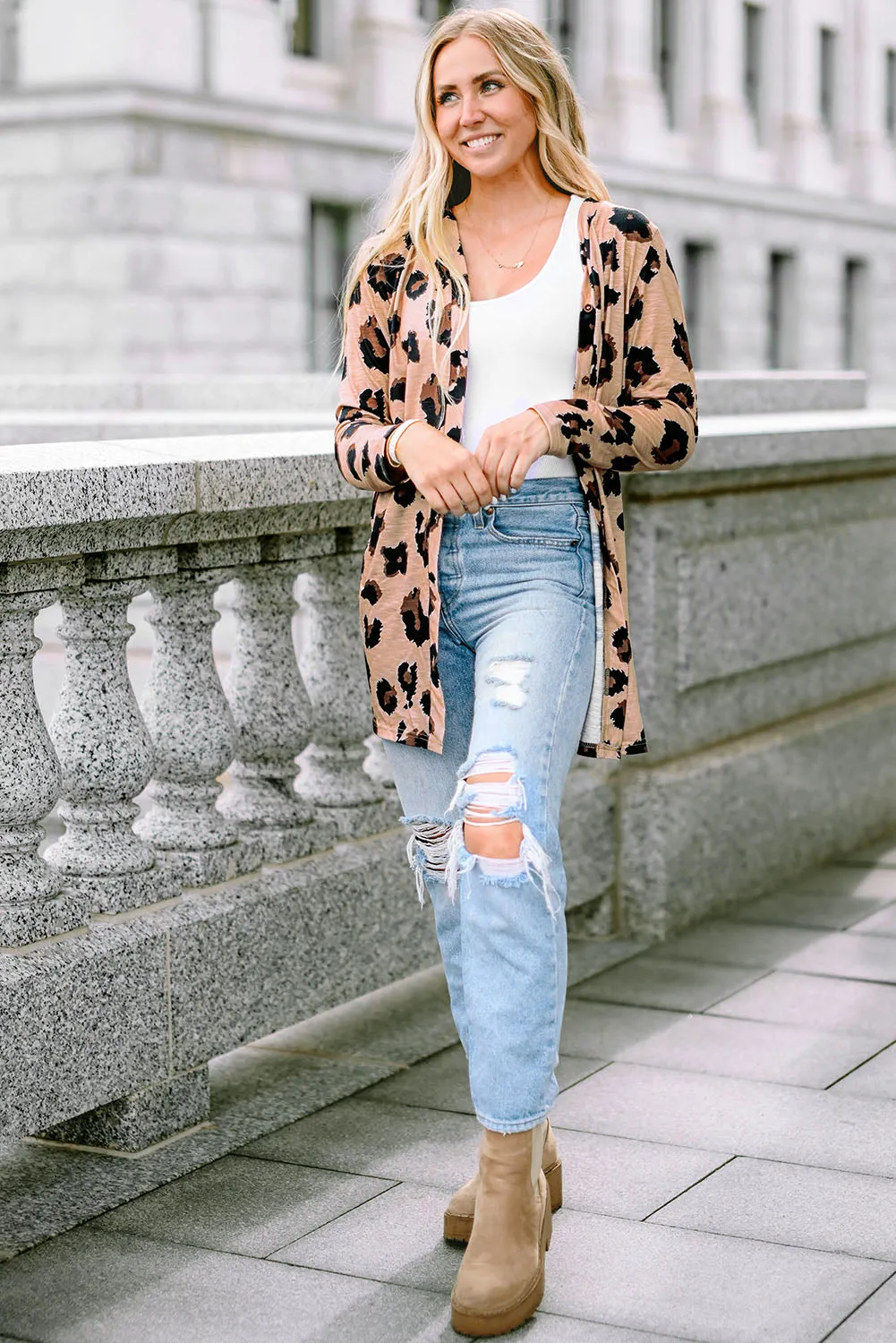 Printed Open Front Leopard Cardigan