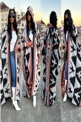 Printed Open Front Long Cardigan