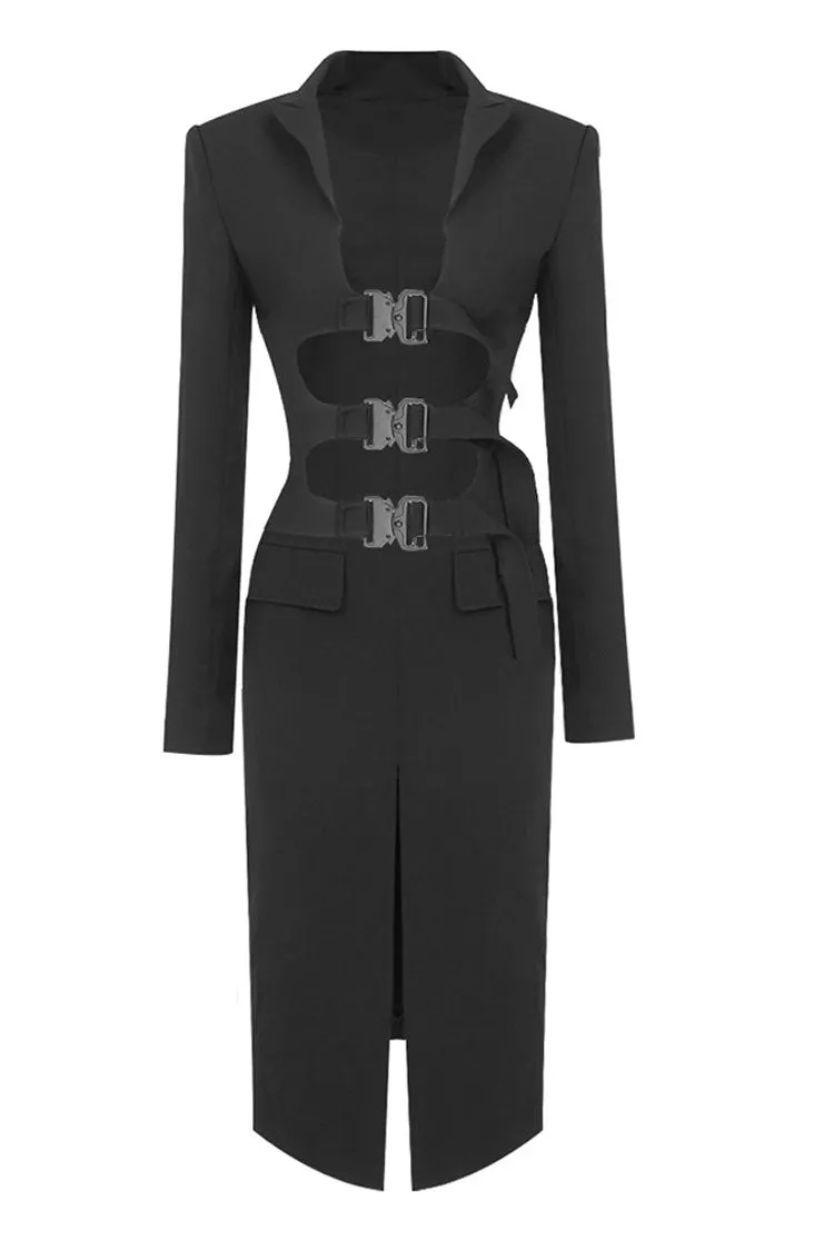 Sculptural Buckled Front Long Sleeve Cutout Blazer Two Piece Midi Dress - Black