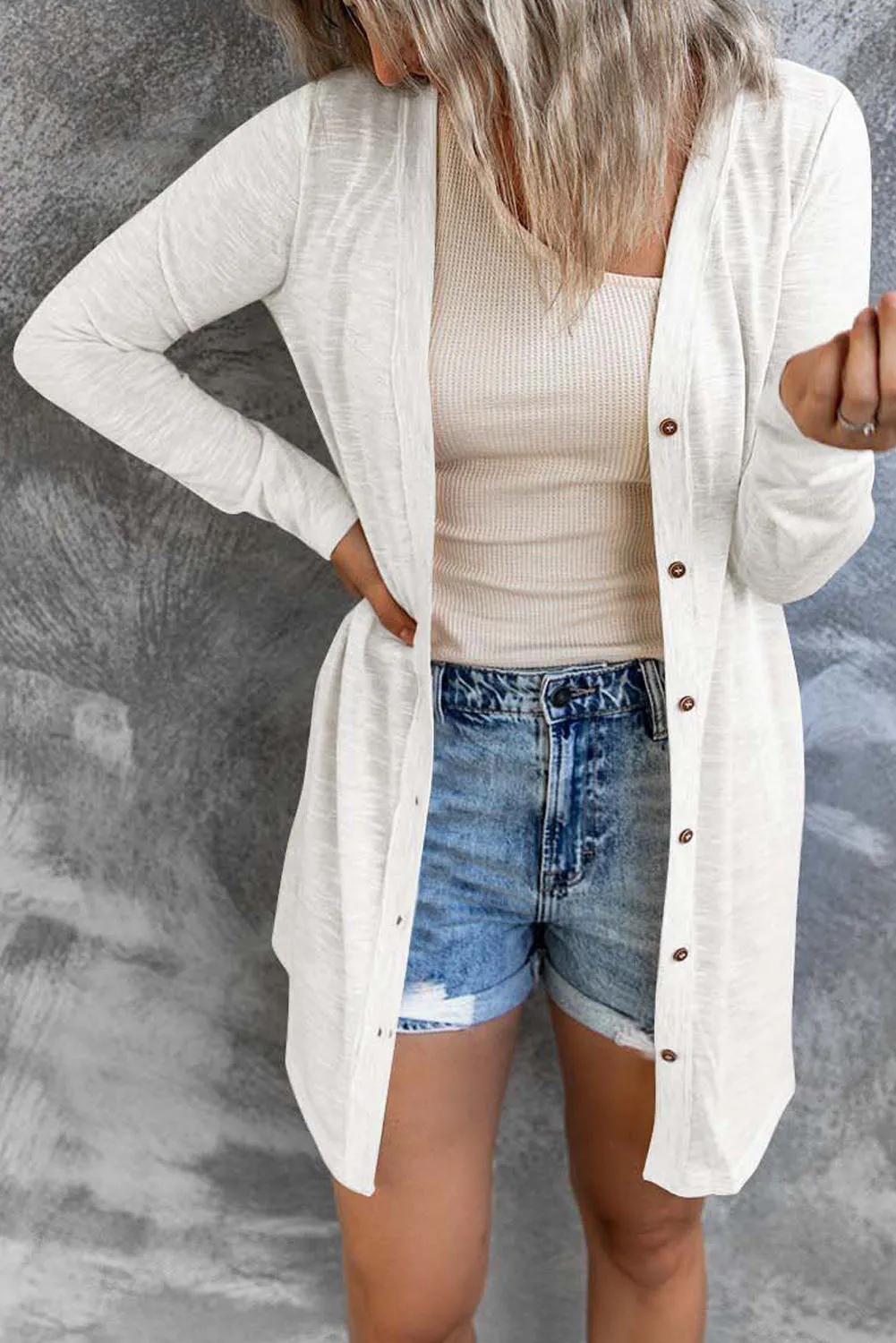 Solid Color Open-Front Buttons White Cardigan