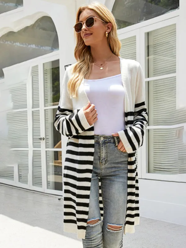 Stripe Knit Open Front Mid-Length Cardigan