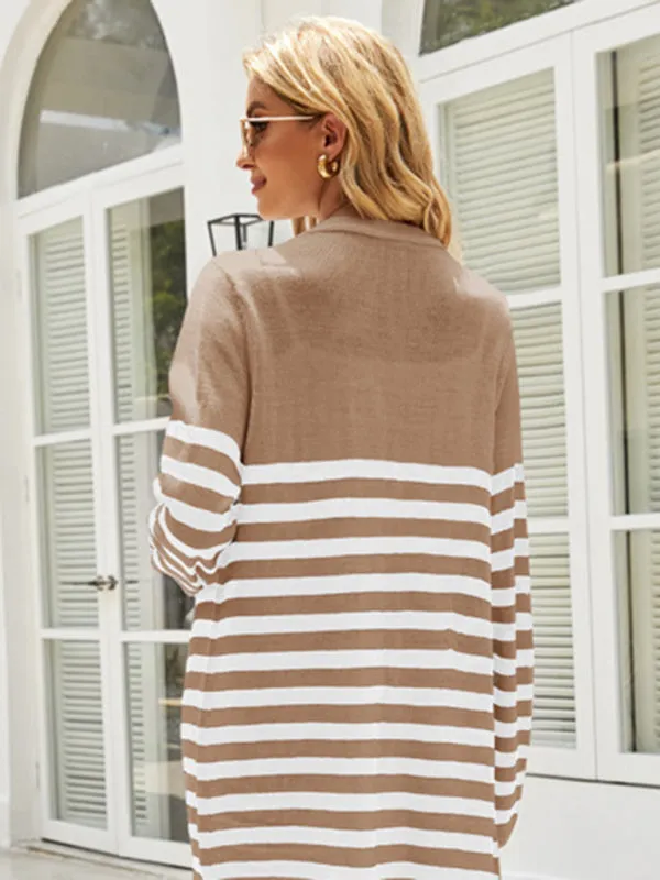 Stripe Knit Open Front Mid-Length Cardigan