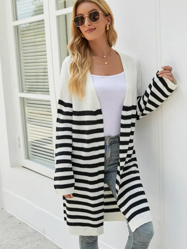 Stripe Knit Open Front Mid-Length Cardigan