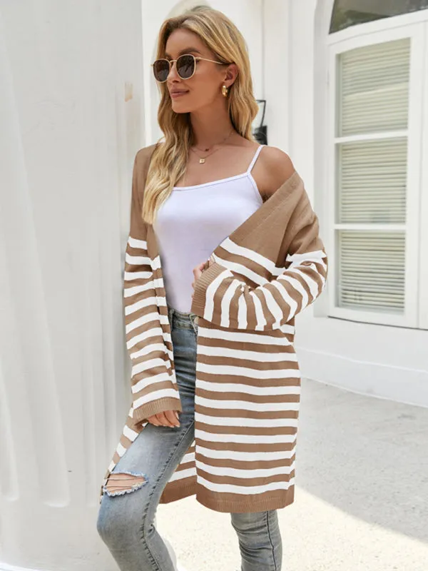 Stripe Knit Open Front Mid-Length Cardigan