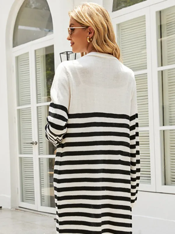 Stripe Knit Open Front Mid-Length Cardigan