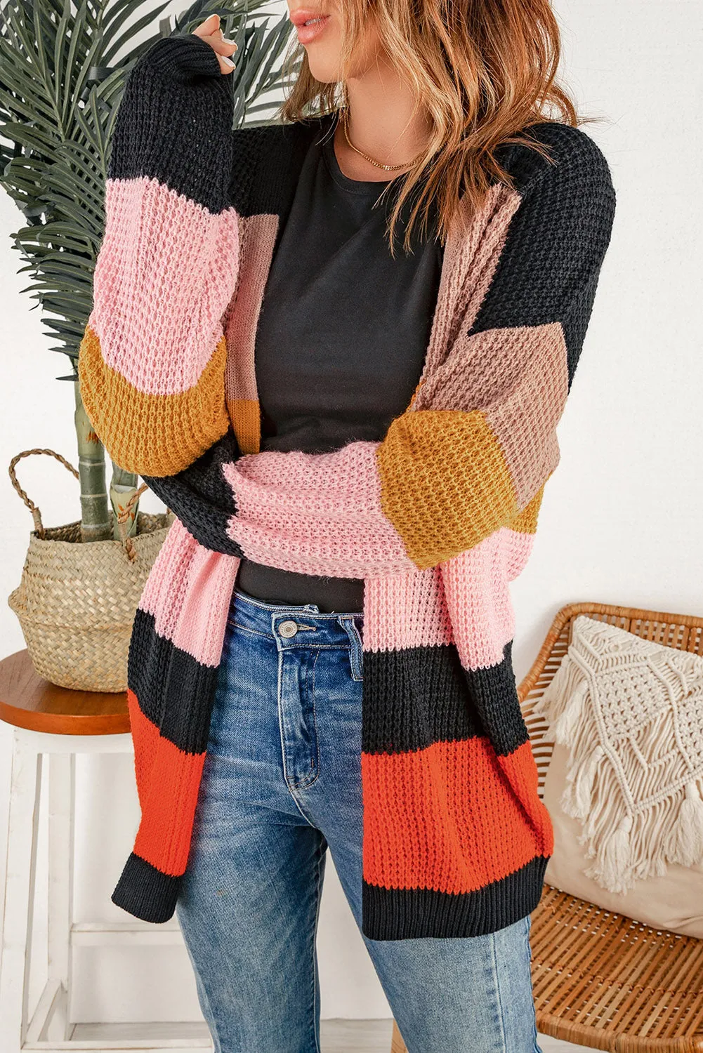 Waffle Knit Open Front Cardigan