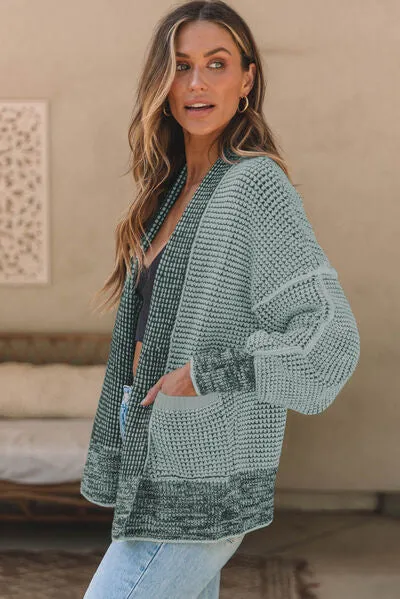 Waffle-knit Pocketed Open Front Cardigan