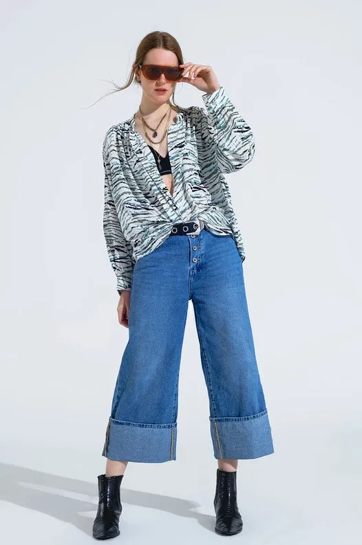 White Blouse With Animal Print And Long Sleeves