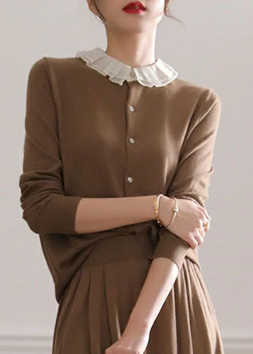 Women Chocolate O-Neck Ruffled Patchwork Cashmere Cardigans Spring