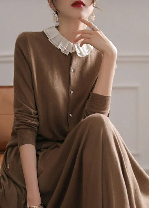 Women Chocolate O-Neck Ruffled Patchwork Cashmere Cardigans Spring