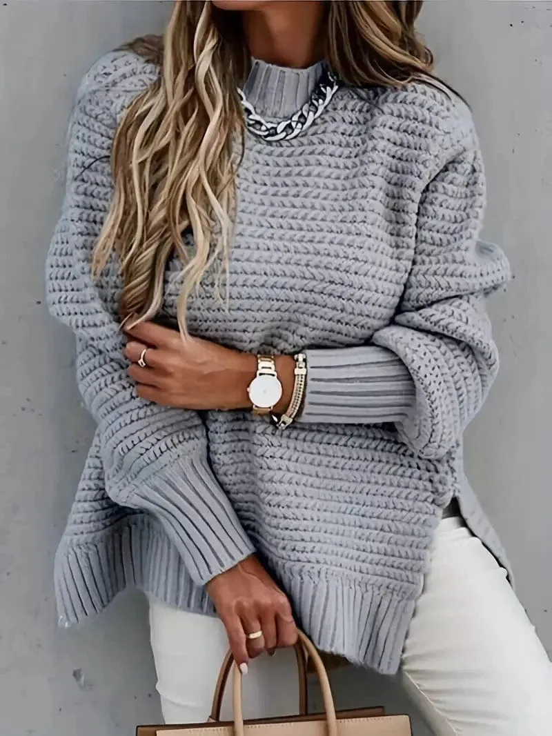 Women's Loose Fit Cashmere Knit Round Neck Jumper with Slits | Ideal for Autumn/Winter